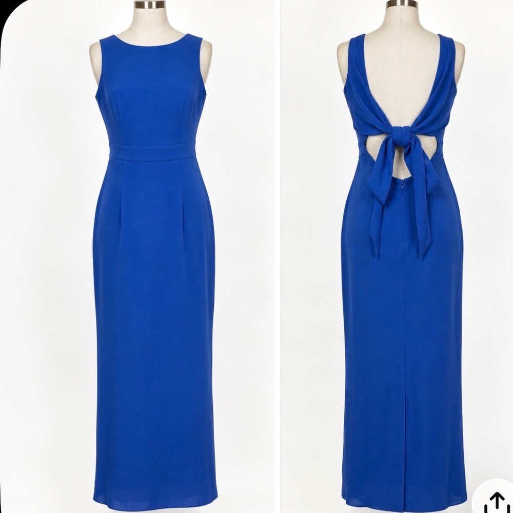Vintage Y2K Maggy London Blue 100% Silk Open Back Tie Midi Sheath Dress Size 8